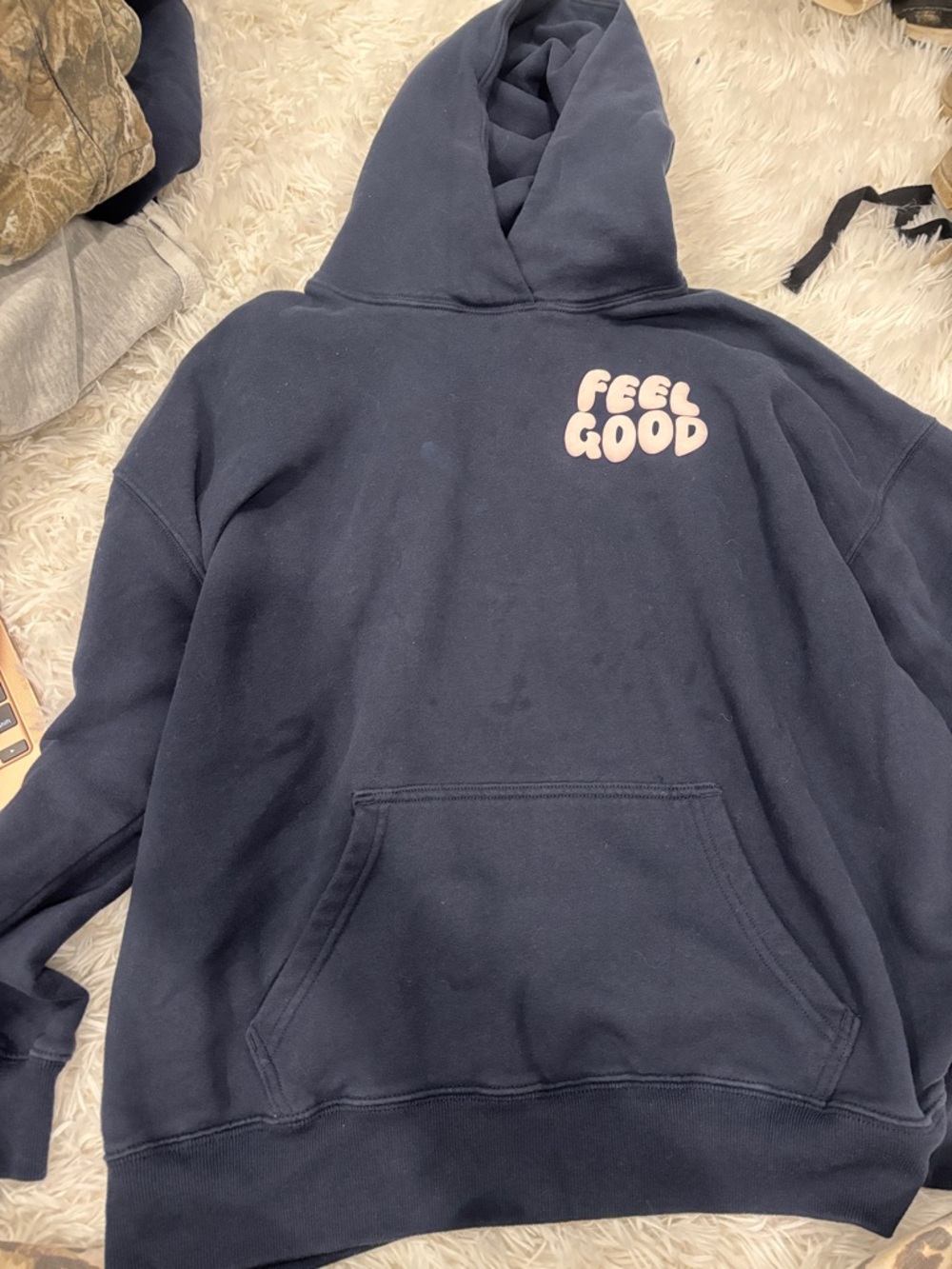 Hollister Navy Blue Hoodie with Pink "Feel Good" Graphic